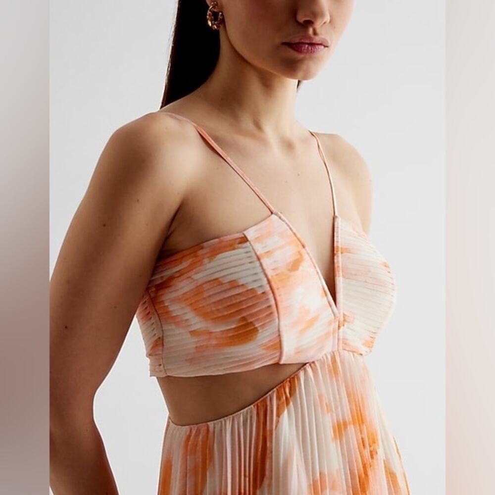 Express Midi Dress Floral Pleated Pastel Flowy Side Cut Out Size XL White Orange - Picture 3 of 15